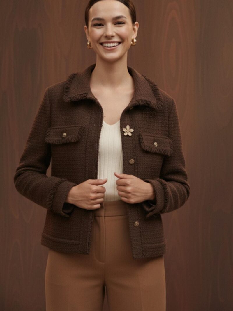 Kadın Gold Düğme Detaylı Tüvit Ceket Kahverengi