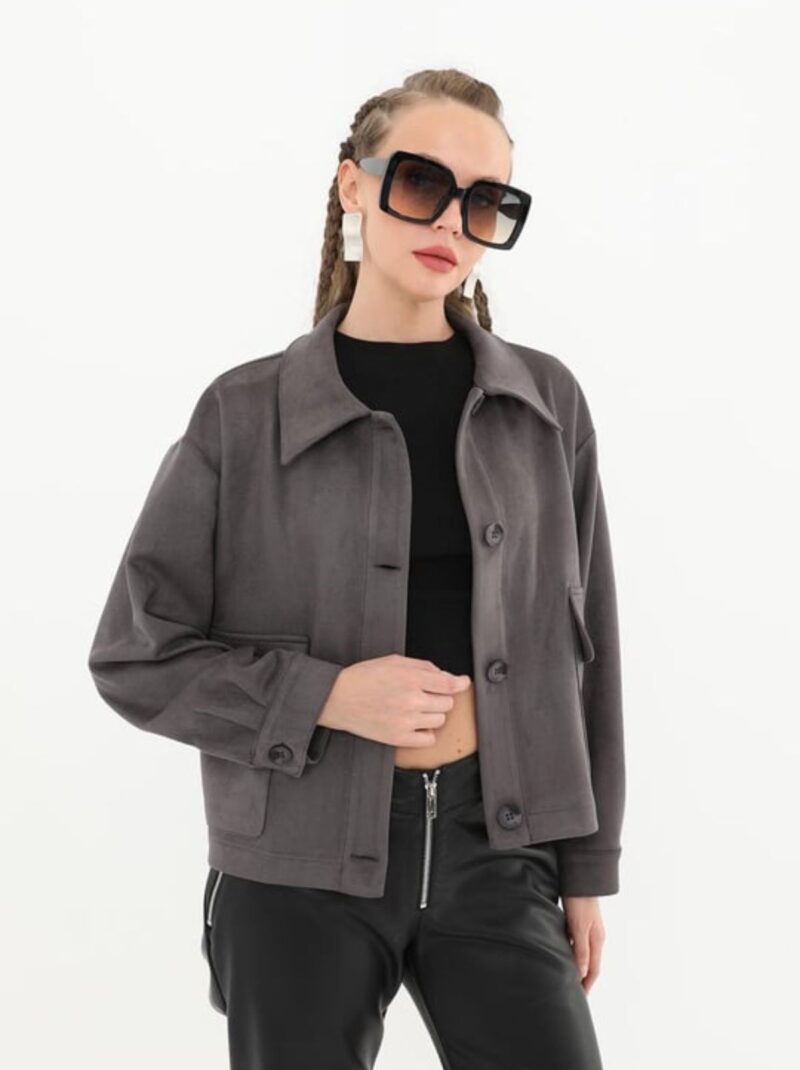 Kadın Cepli Kadife Süet Ceket Antrasit