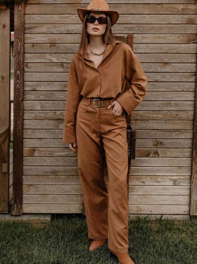 Kadın Western Süet Kemerli Pantolon Camel