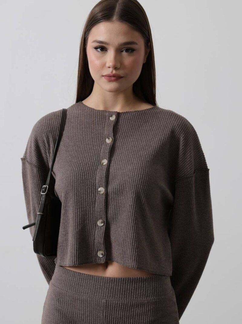 Kadın Düğmeli Örme Triko Bluz Koyu Vizon