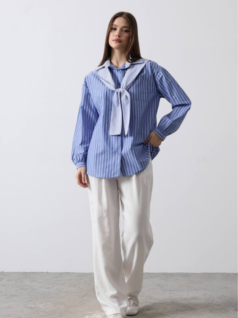 Kadın Garni Detaylı Çizgili Gömlek Mavi