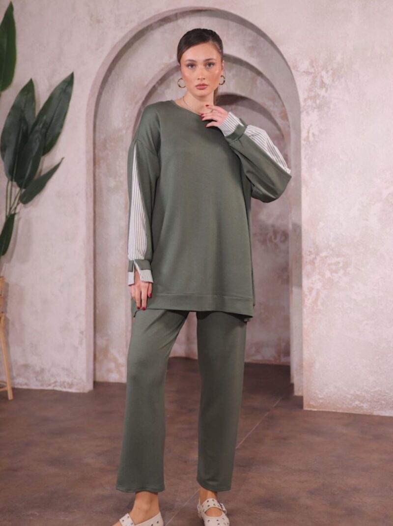 Kadın Kristal Modal Kumaş Gömlek Detaylı İkili Takım Haki