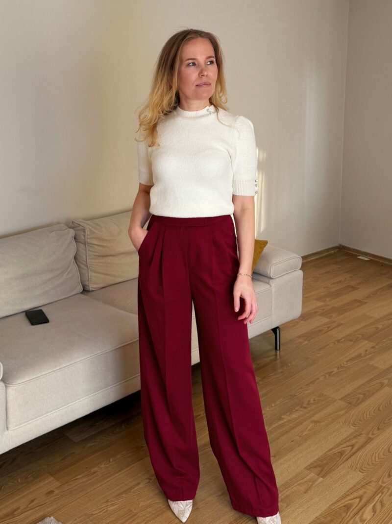 Kadın Cırtlı Palazzo Pantolon Bordo