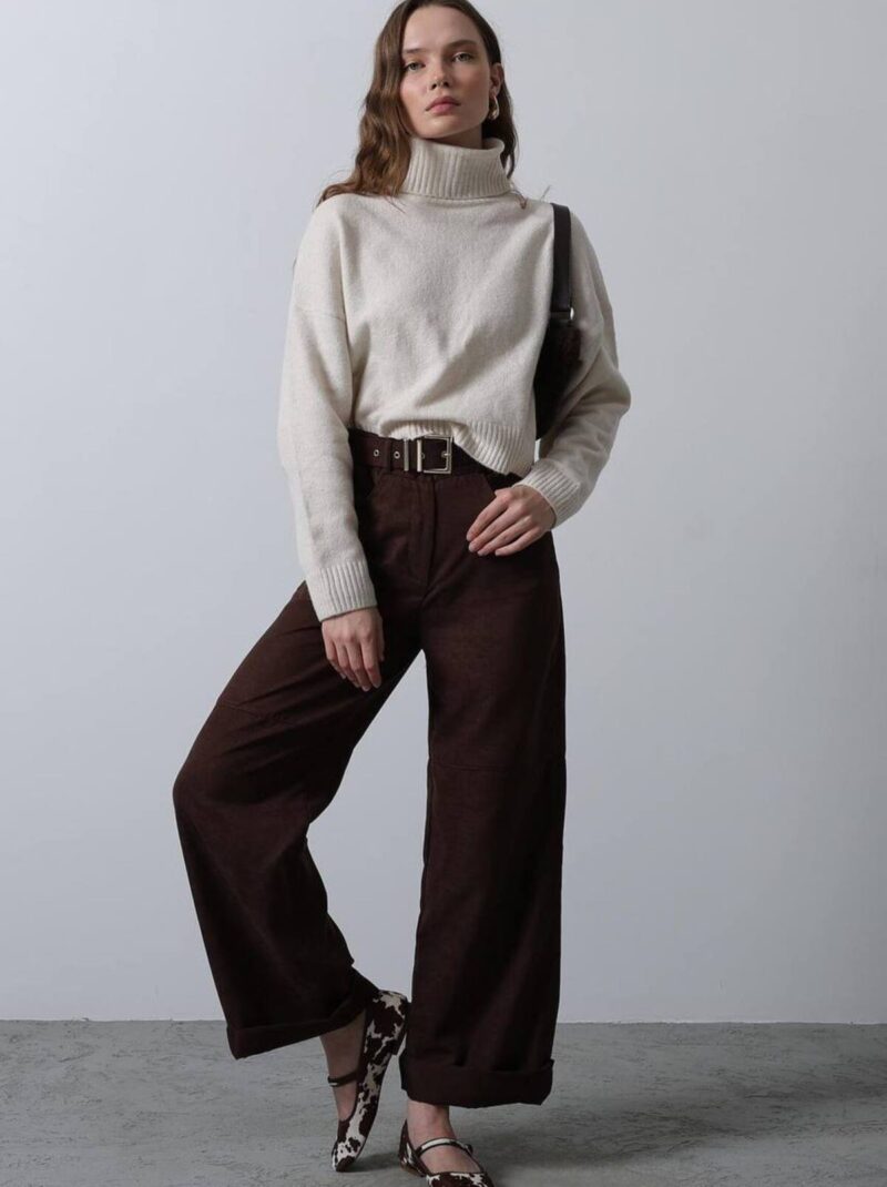 Kadın Western Süet Kemerli Pantolon Acı Kahve