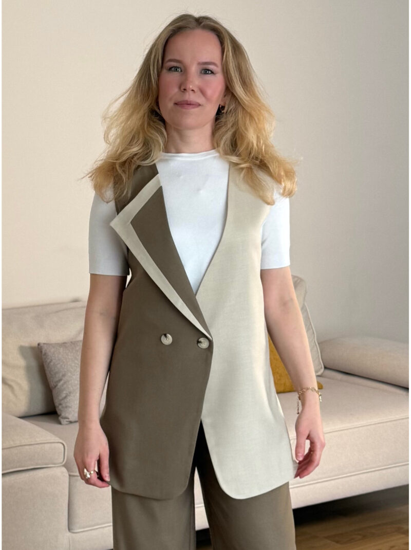 Kadın Çift Renk Ofis Yelek Haki Krem
