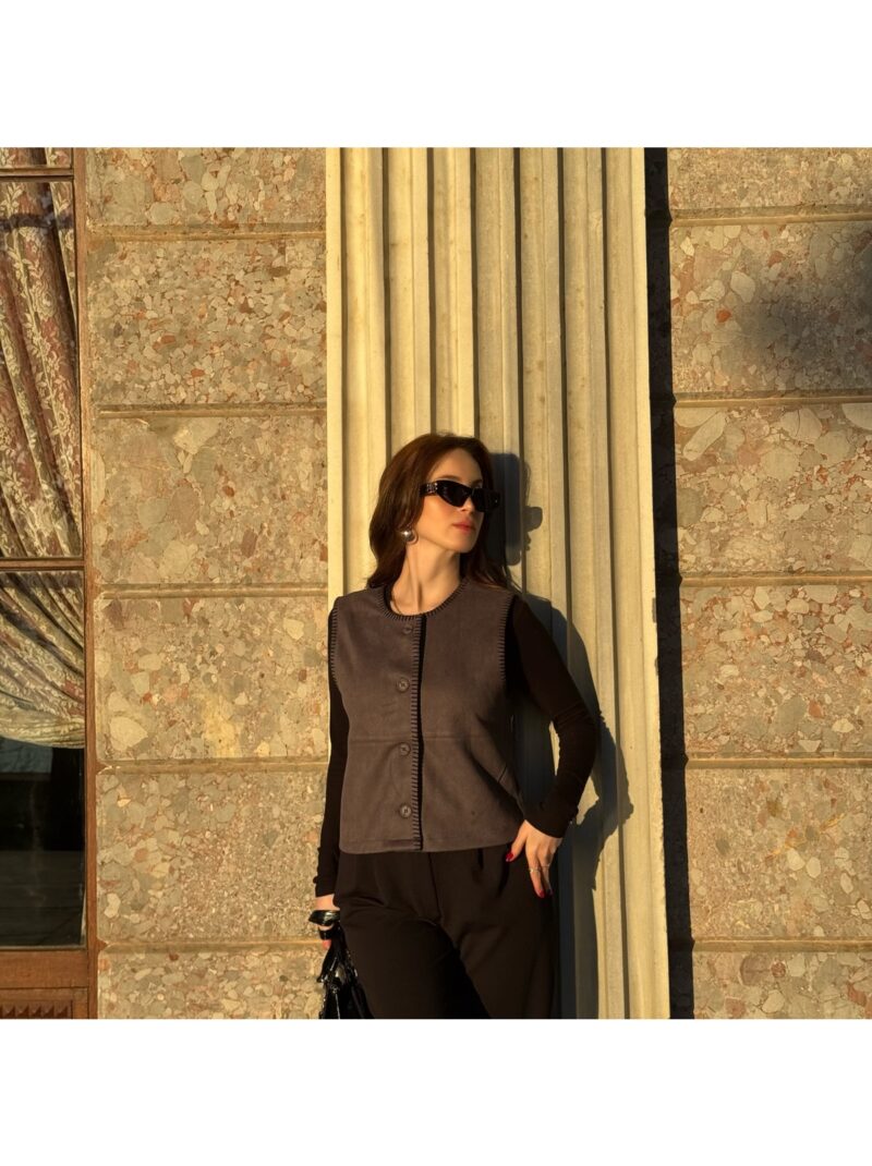 Kadın Çoban Dikişli Süet Yelek Gri